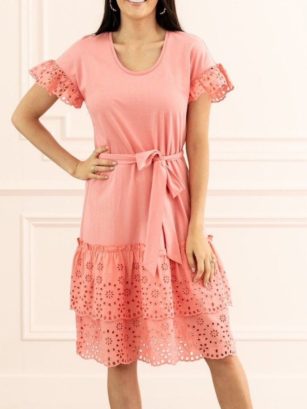 Rachel Parcell - Pink Knit Eyelet Tiered Belted Dress - Large